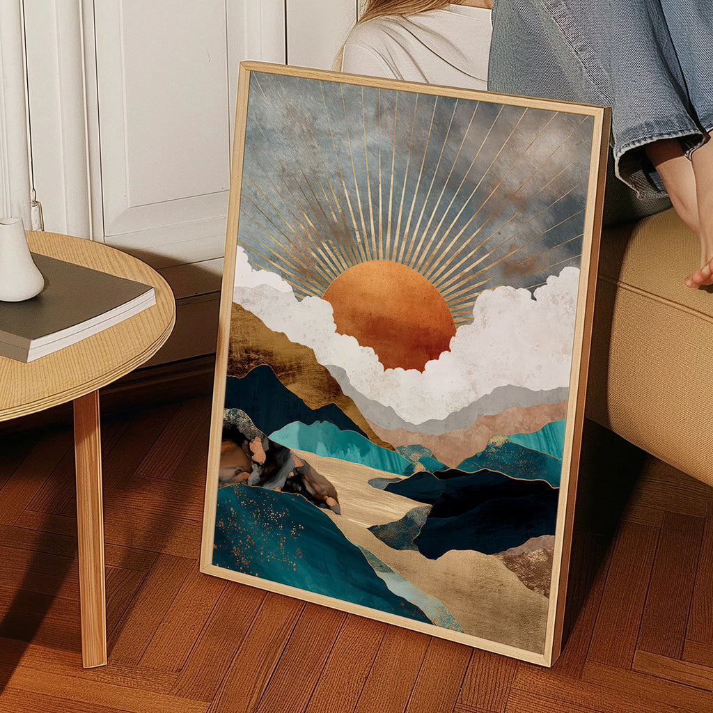 Landschapskunst: gouden zon boven abstracte bergen