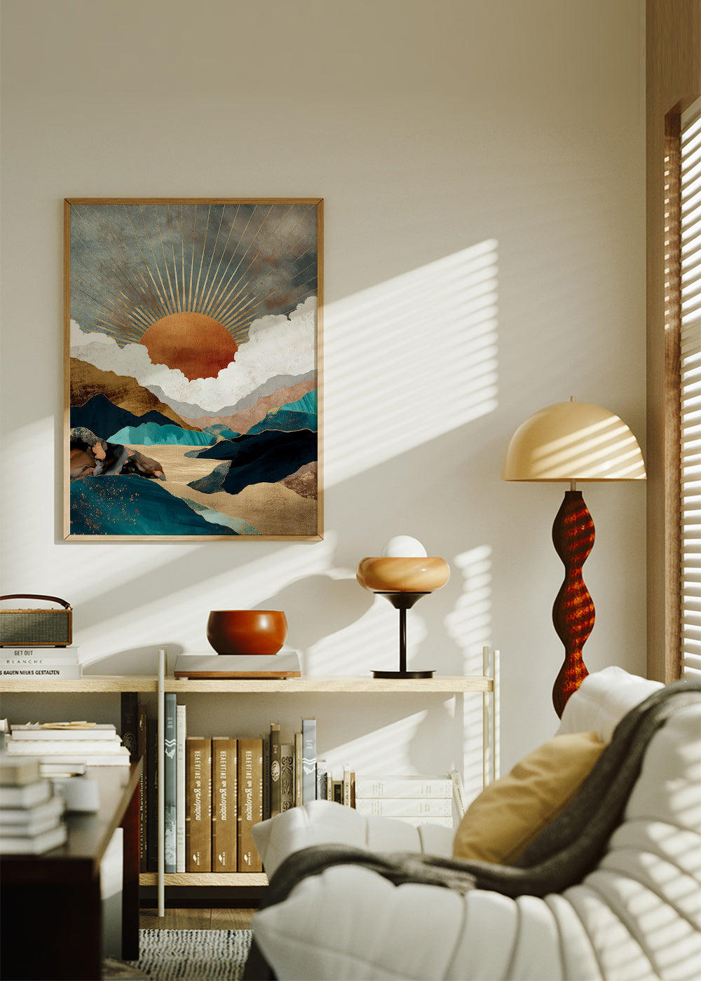 Landschapskunst: gouden zon boven abstracte bergen