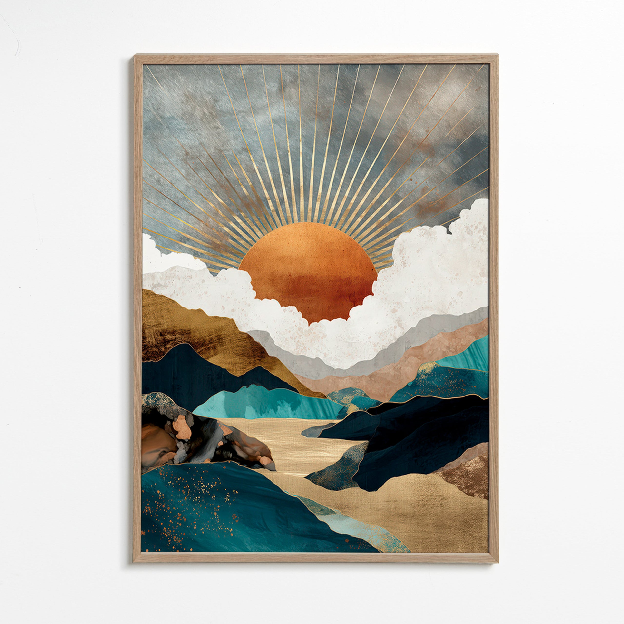 Landschapskunst: gouden zon boven abstracte bergen