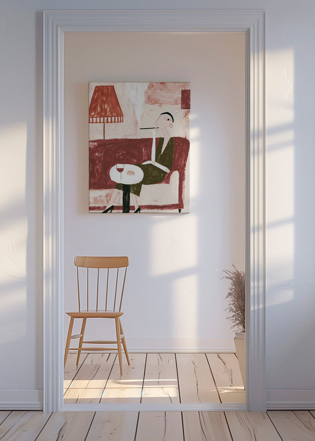 Keuken kunst met zittende vrouw en wijn