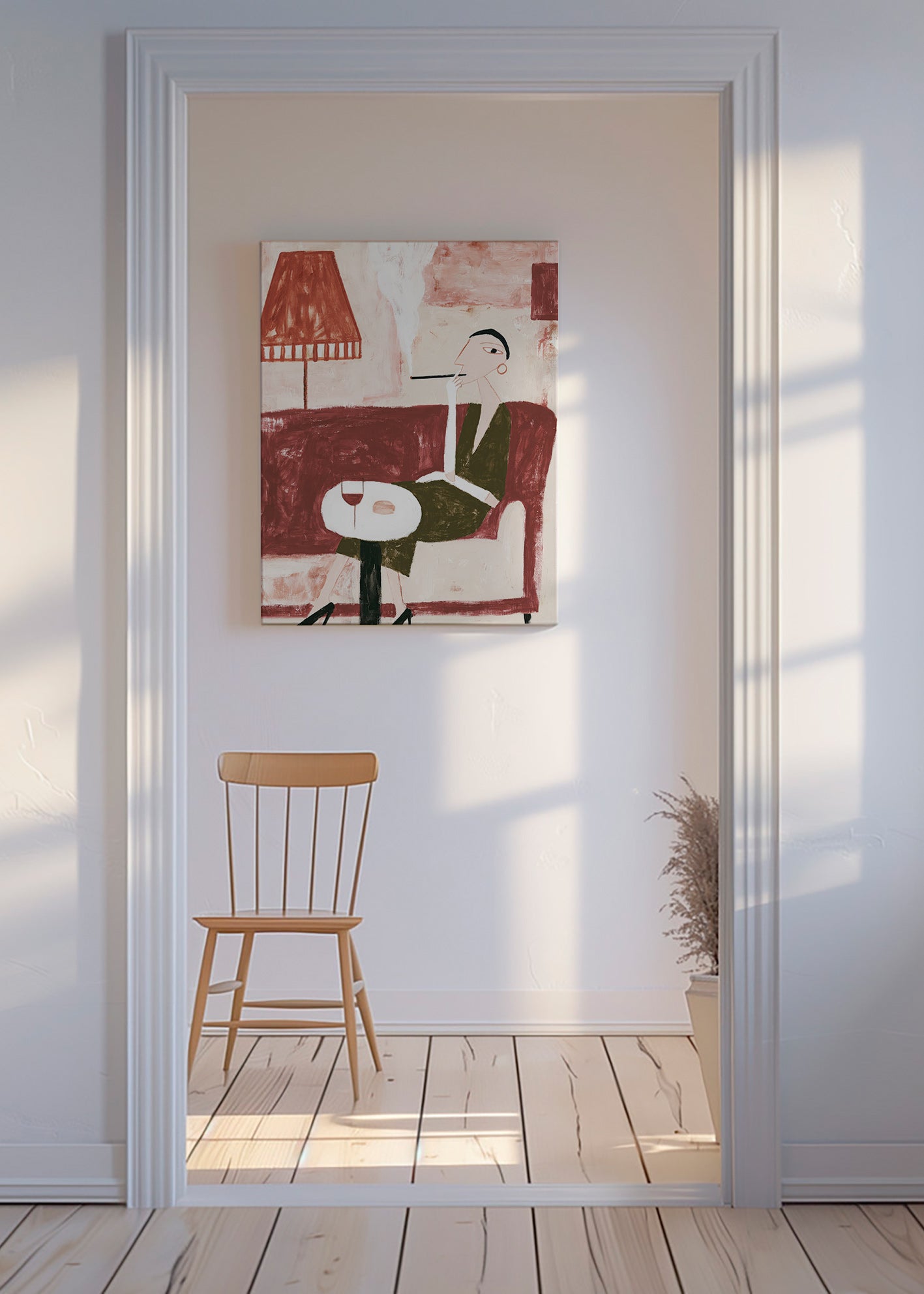 Keuken kunst met zittende vrouw en wijn