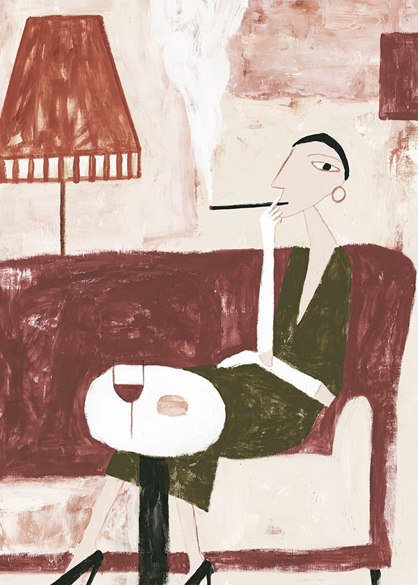 Keuken kunst met zittende vrouw en wijn
