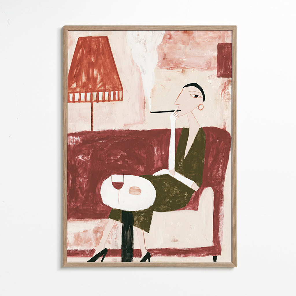 Keuken kunst met zittende vrouw en wijn
