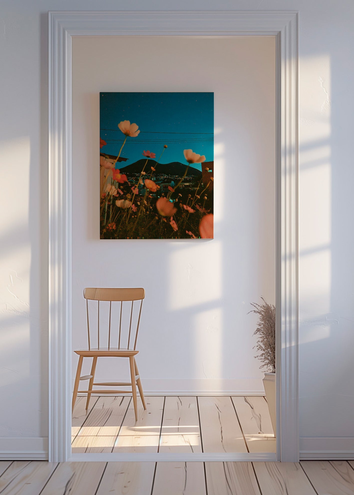 Botanische poster wilde bloemen boven stad bij schemer