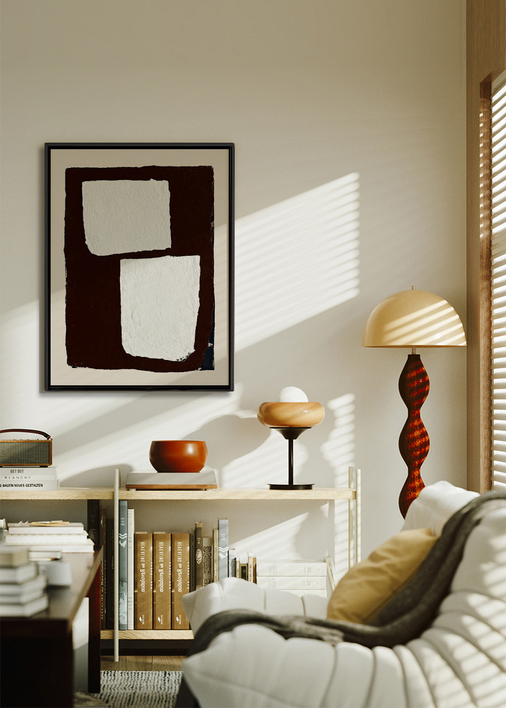 Abstract werk mocha met witte blokken