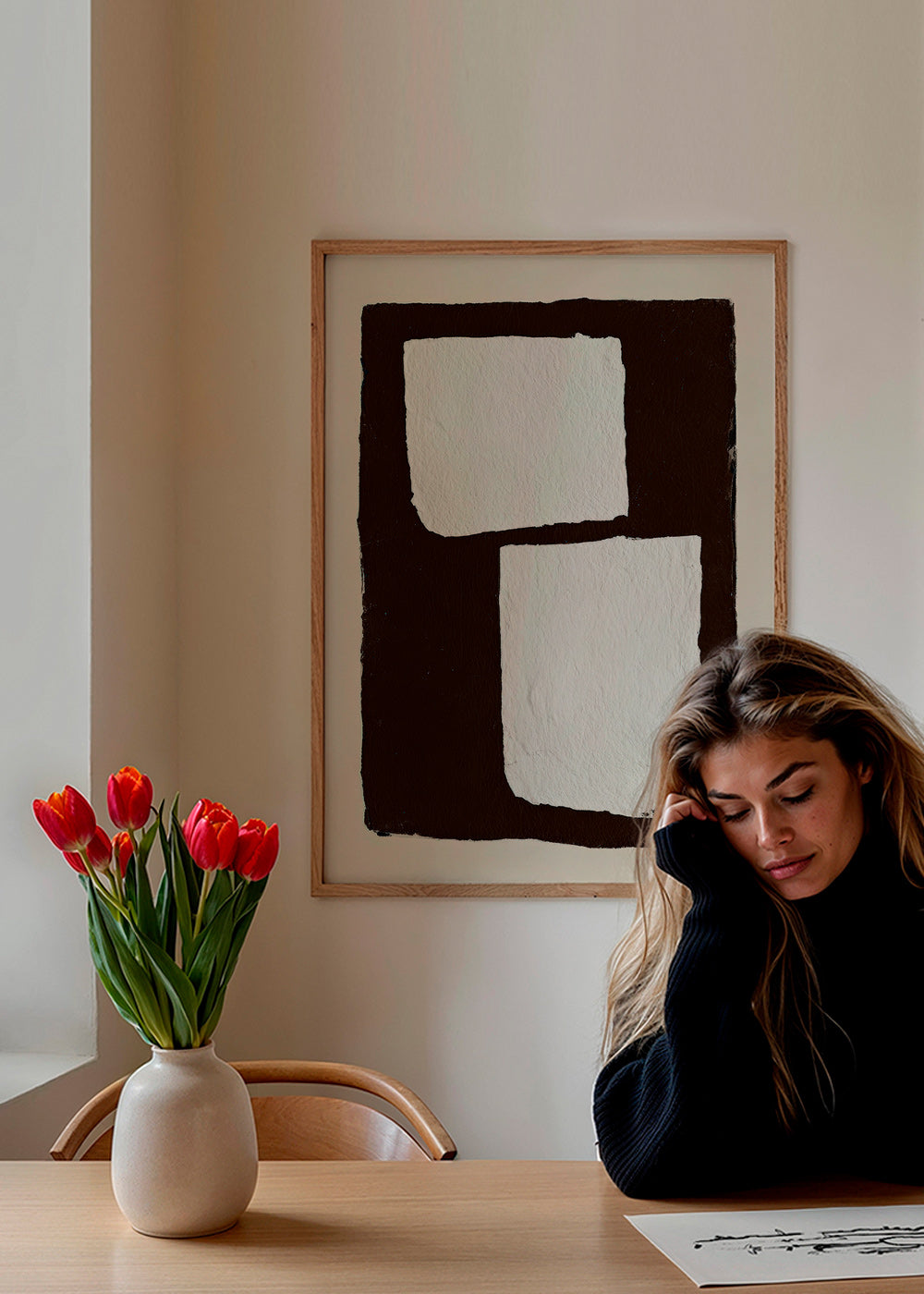 Abstract werk mocha met witte blokken