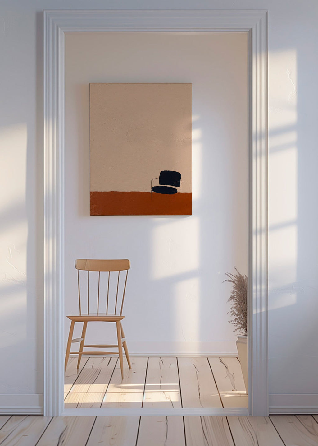 Minimalistisch kunstwerk stoel op oker vloer