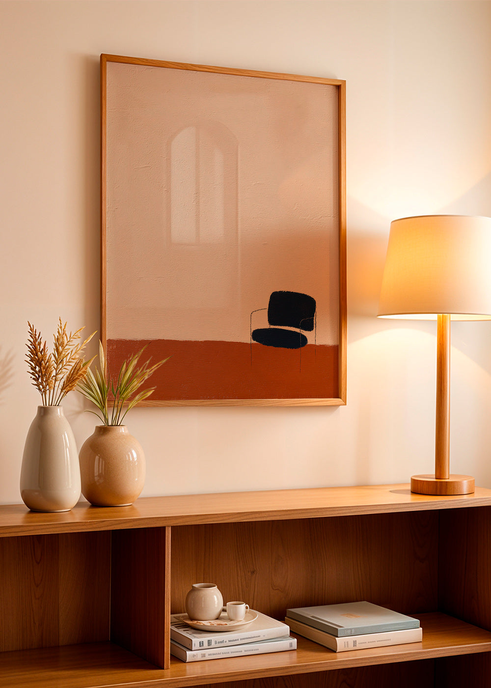 Minimalistisch kunstwerk stoel op oker vloer