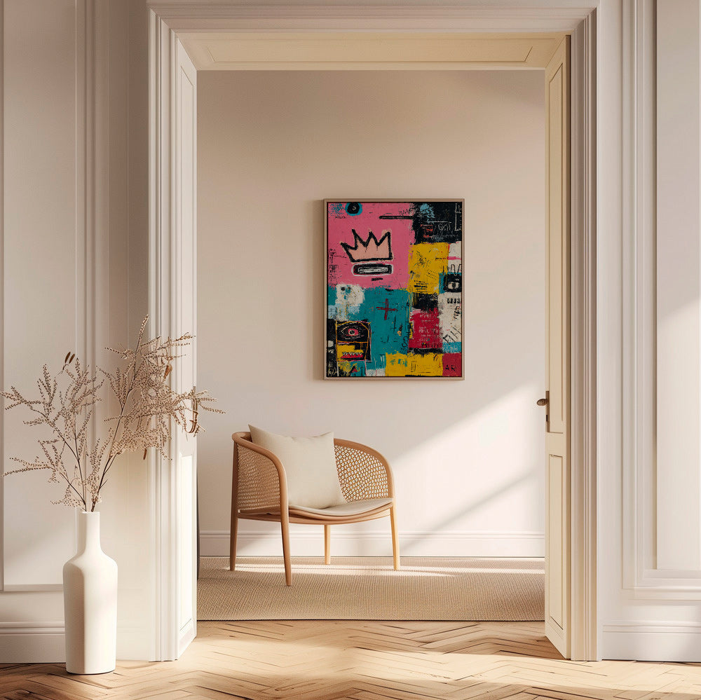 Abstracte kunst met kroon en kleurvlakken