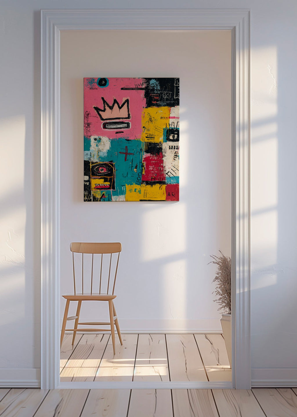 Abstracte kunst met kroon en kleurvlakken