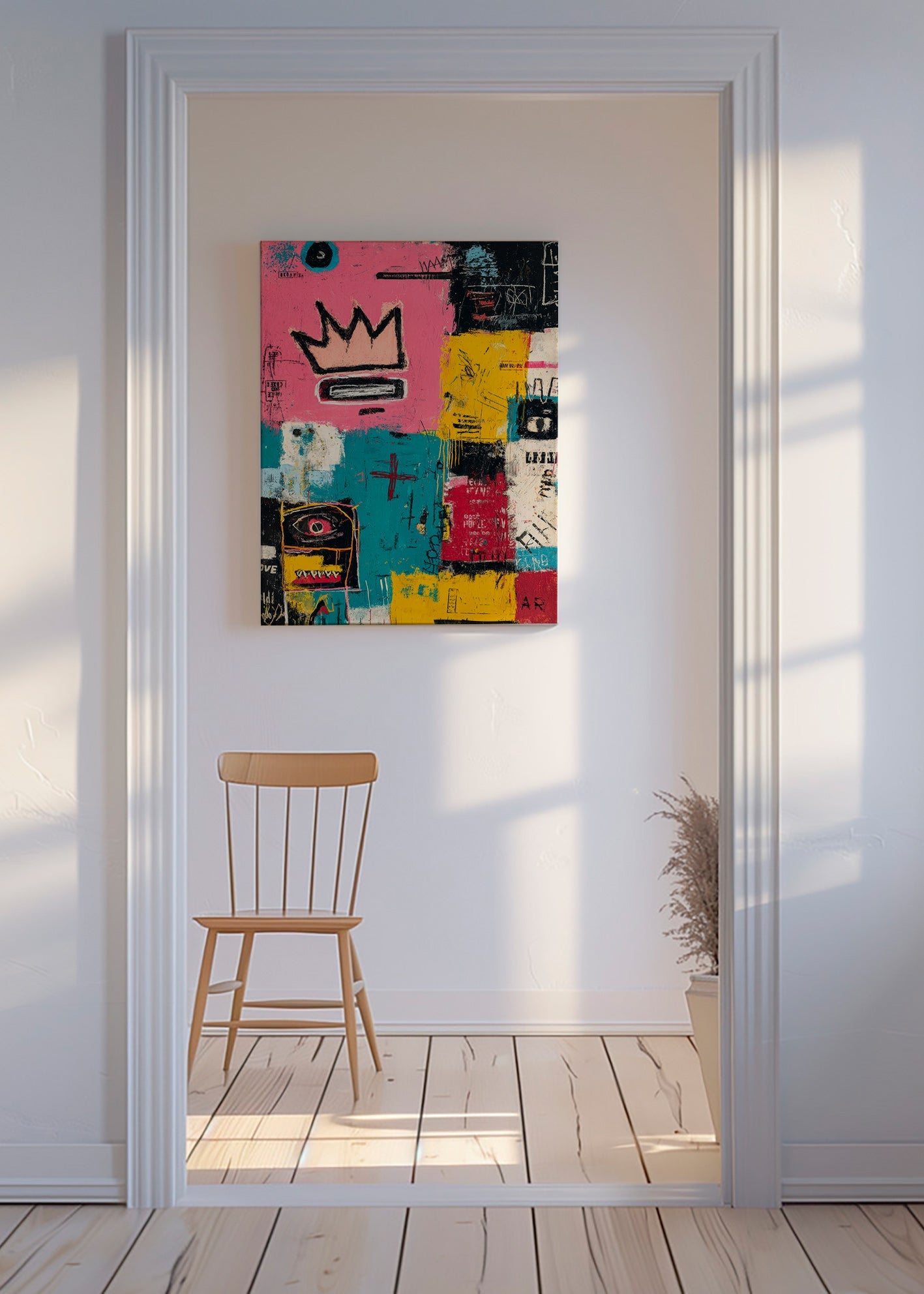 Abstracte kunst met kroon en kleurvlakken