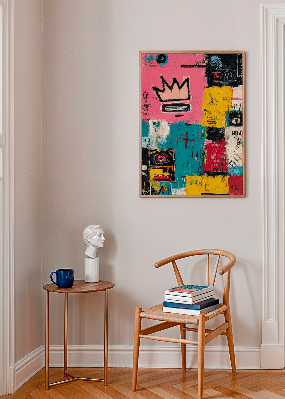 Abstracte kunst met kroon en kleurvlakken
