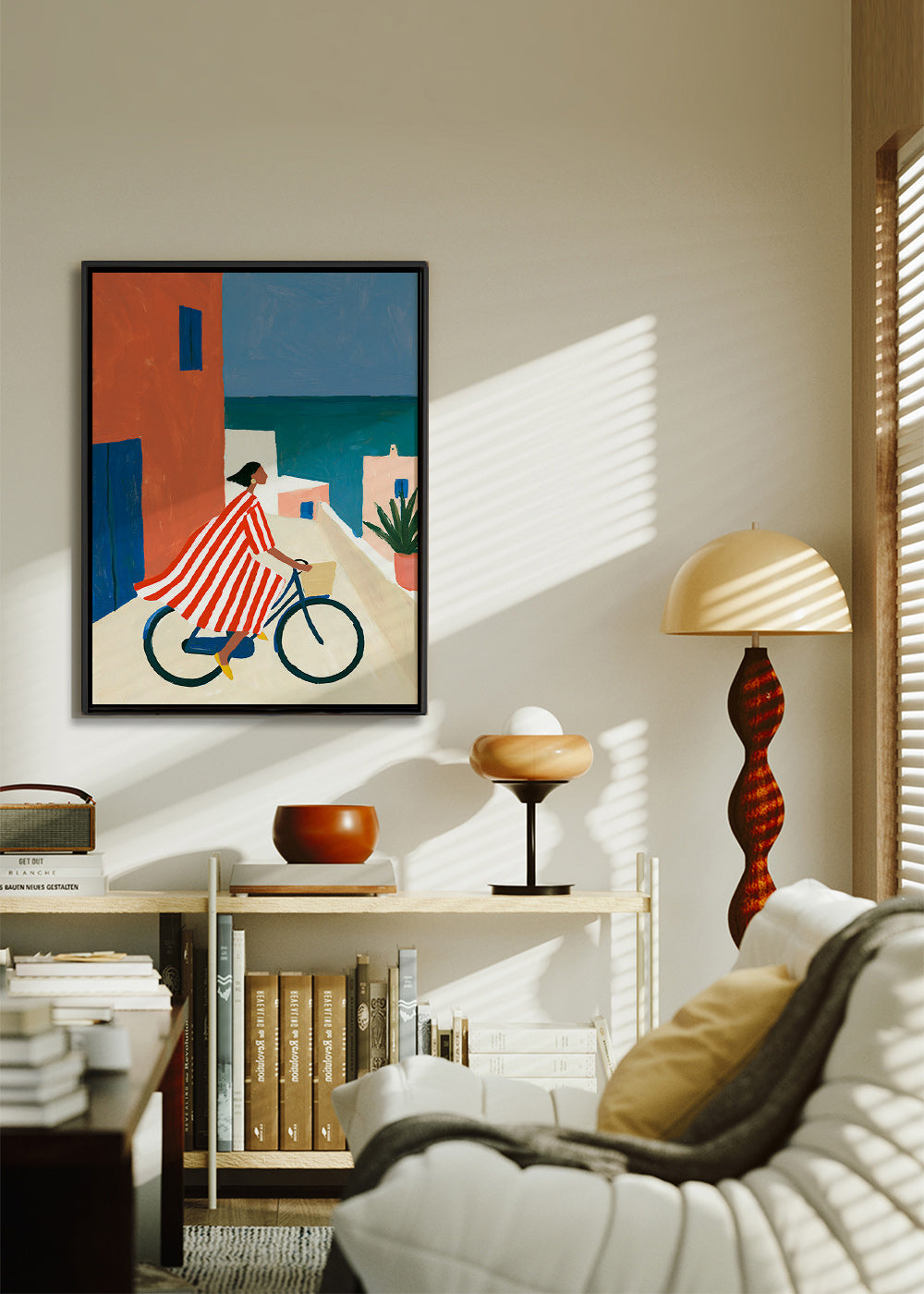 Landschap kunst met fietser aan zee