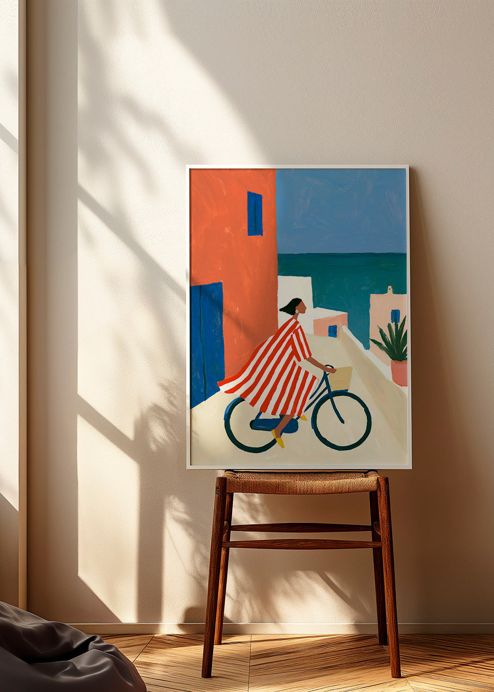 Landschap kunst met fietser aan zee