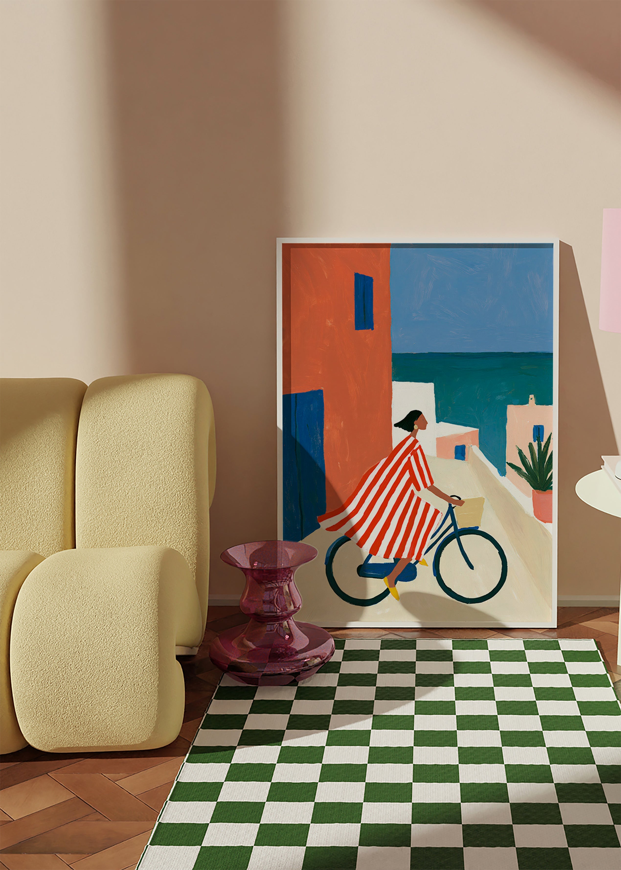 Landschap kunst met fietser aan zee