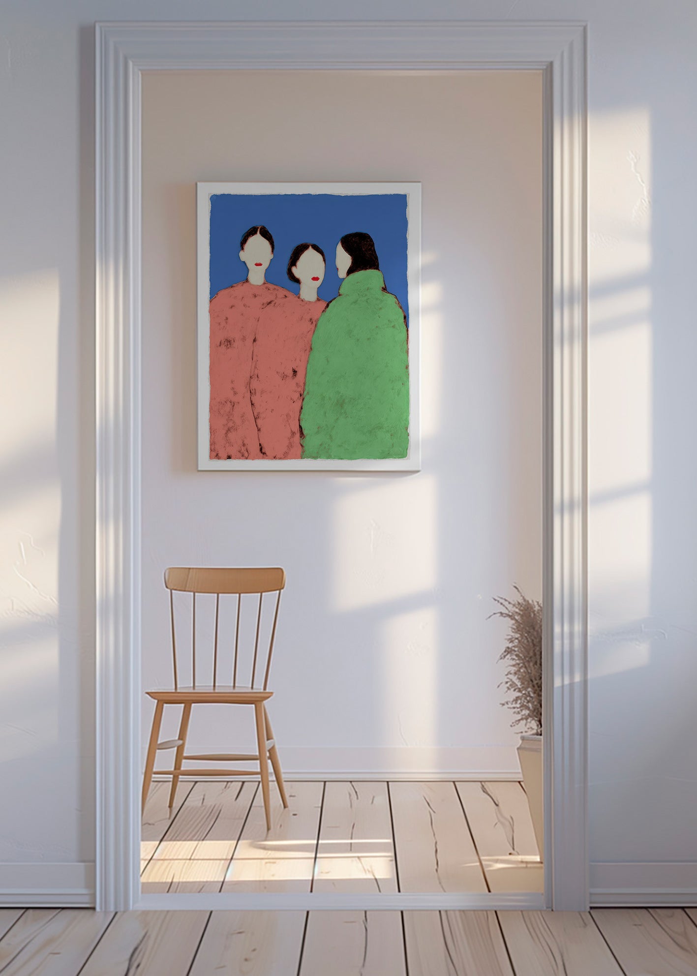 Illustratie van drie gestileerde figuren op blauwe achtergrond