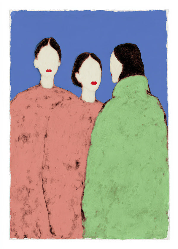 Illustratie van drie gestileerde figuren op blauwe achtergrond