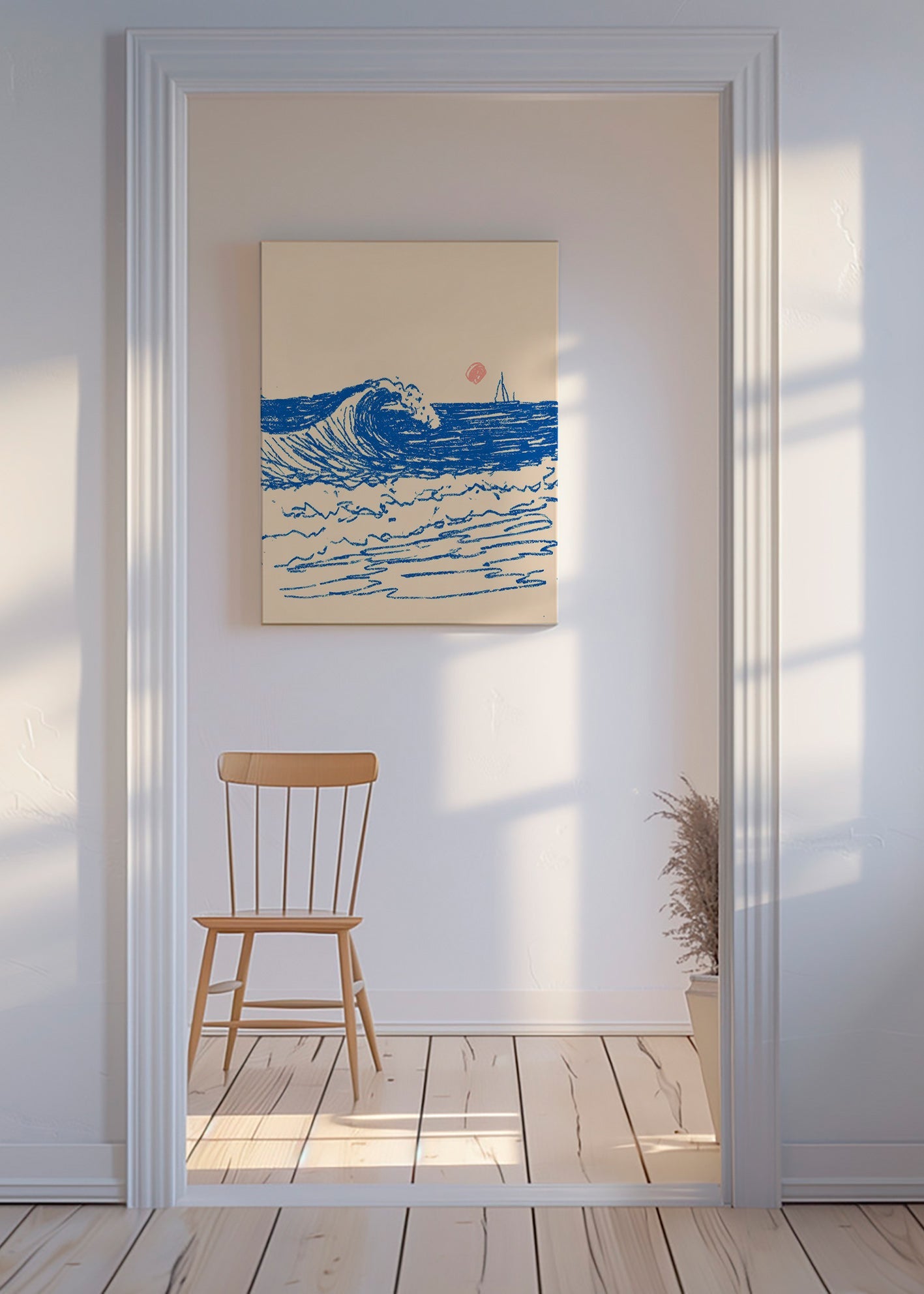 Landschap kunst met geschetste golf en zeilboot