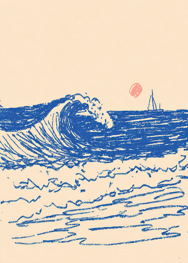 Landschap kunst met geschetste golf en zeilboot