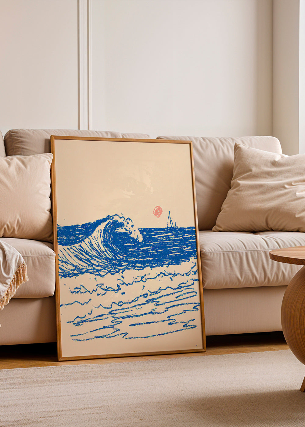 Landschap kunst met geschetste golf en zeilboot