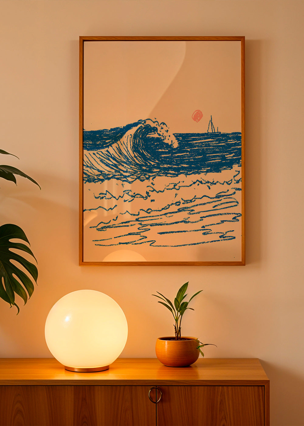 Landschap kunst met geschetste golf en zeilboot