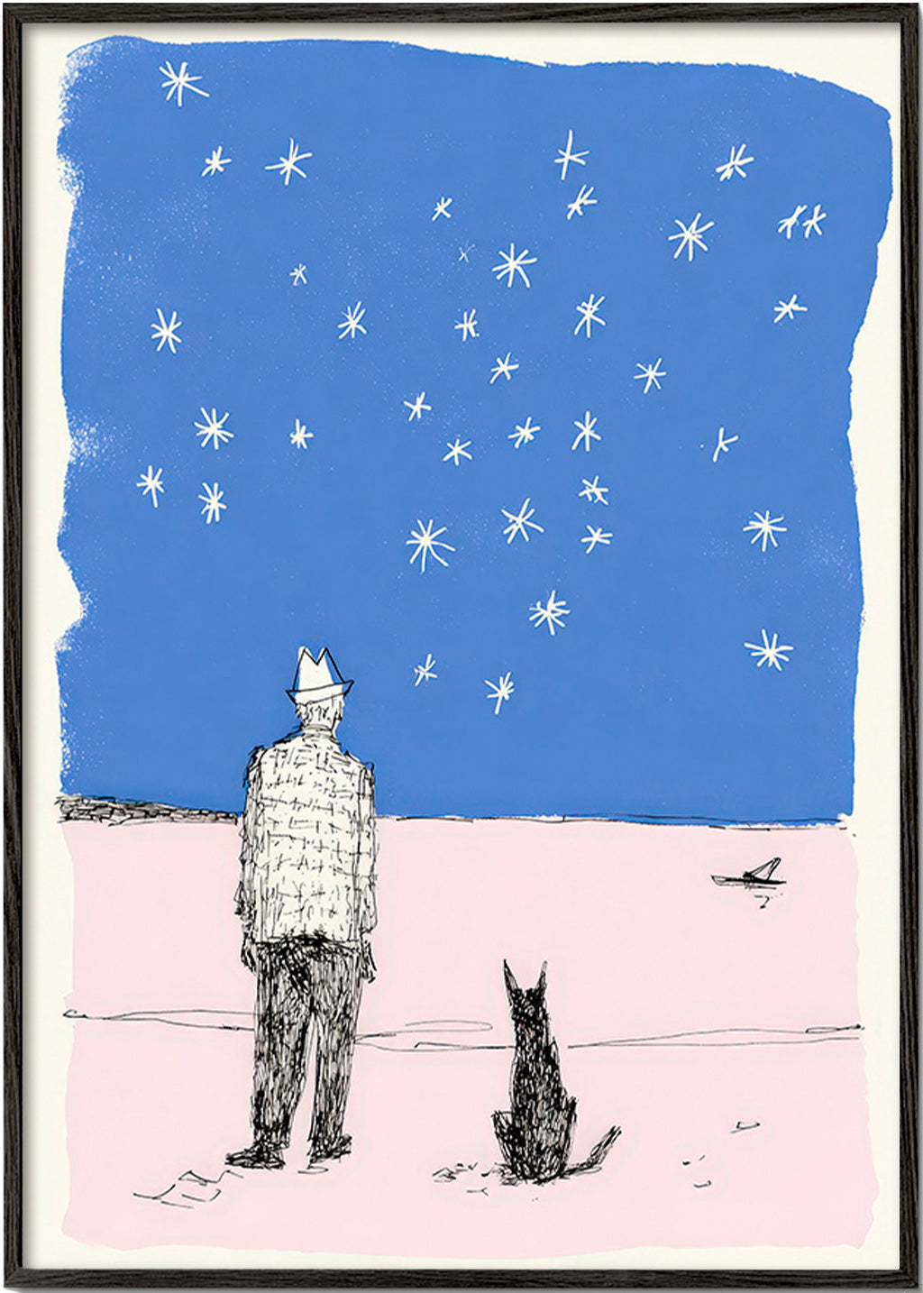 Illustratie: man en hond onder de sterren