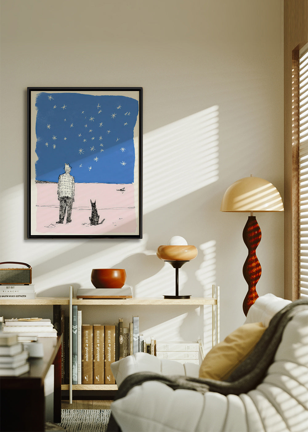 Illustratie: man en hond onder de sterren