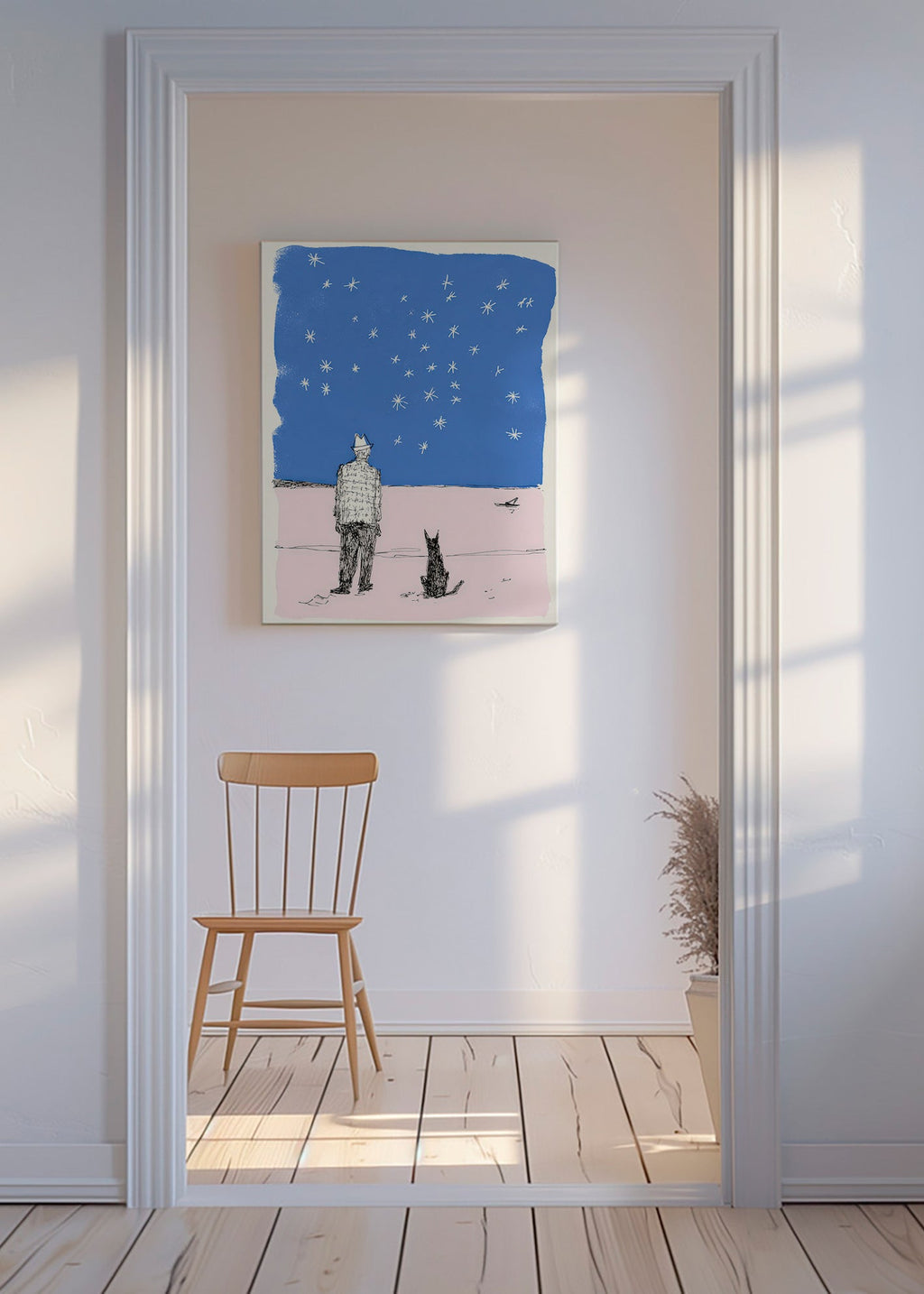 Illustratie: man en hond onder de sterren
