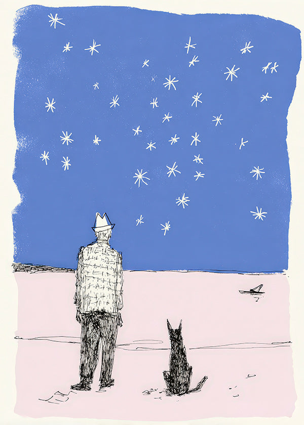 Illustratie: man en hond onder de sterren