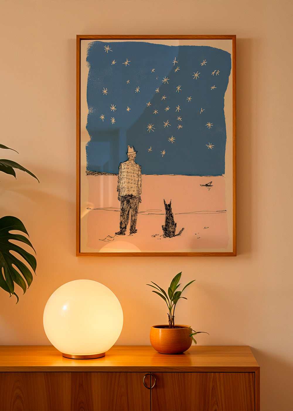 Illustratie: man en hond onder de sterren