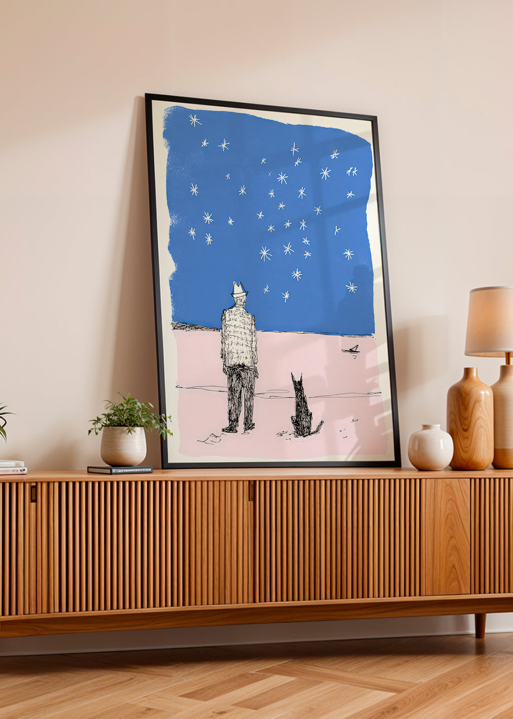 Illustratie: man en hond onder de sterren
