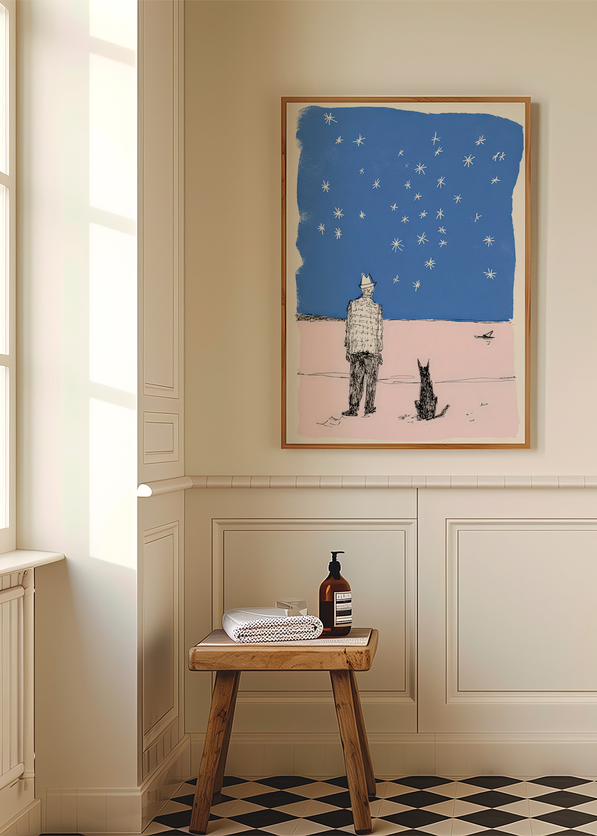 Illustratie: man en hond onder de sterren