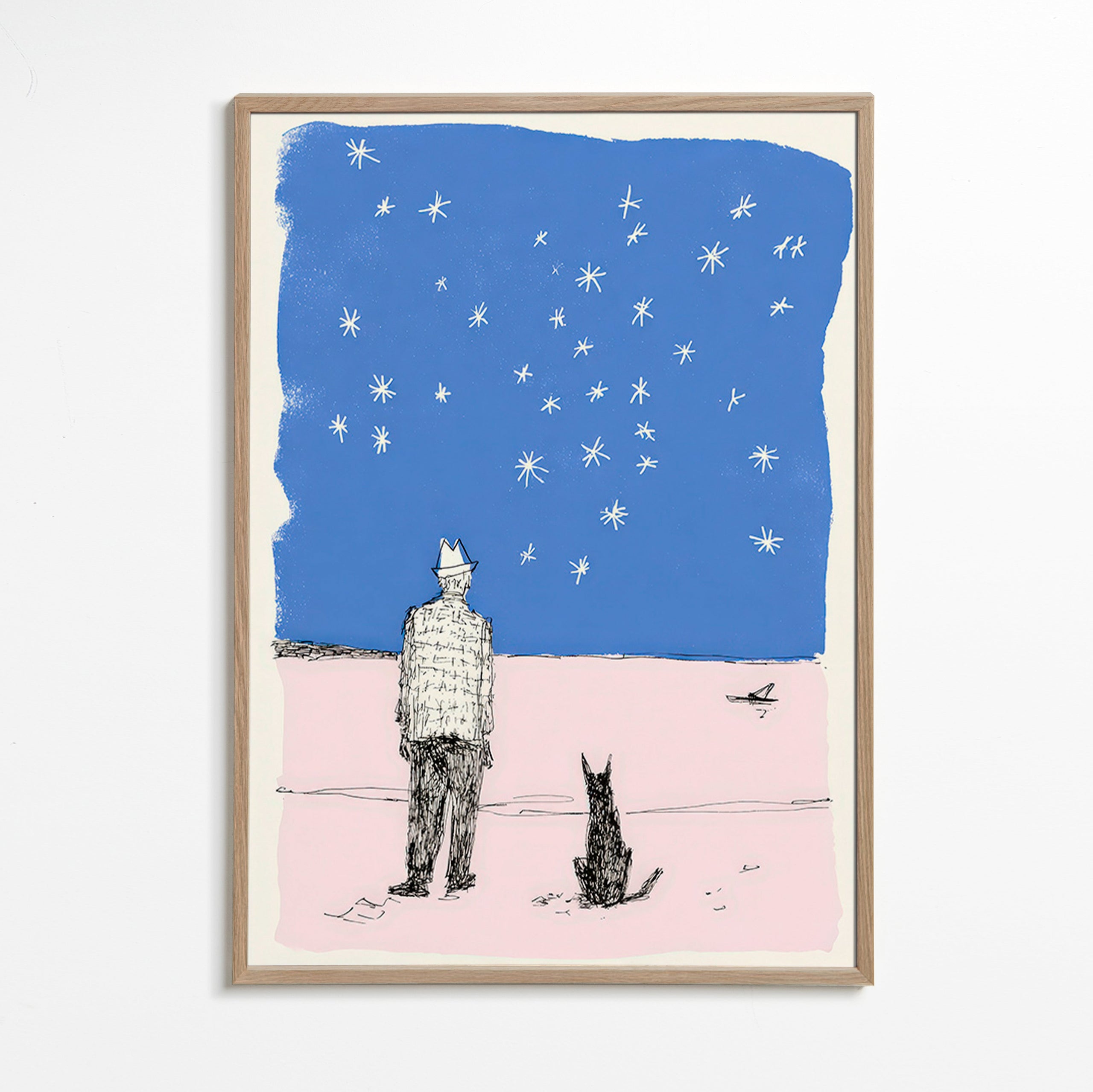 Illustratie: man en hond onder de sterren
