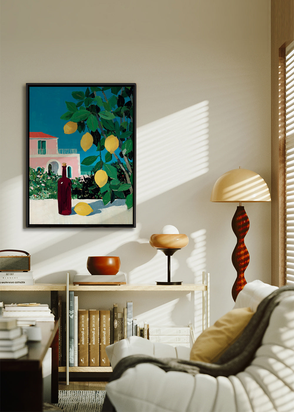 Keuken kunst met citroenen en fles