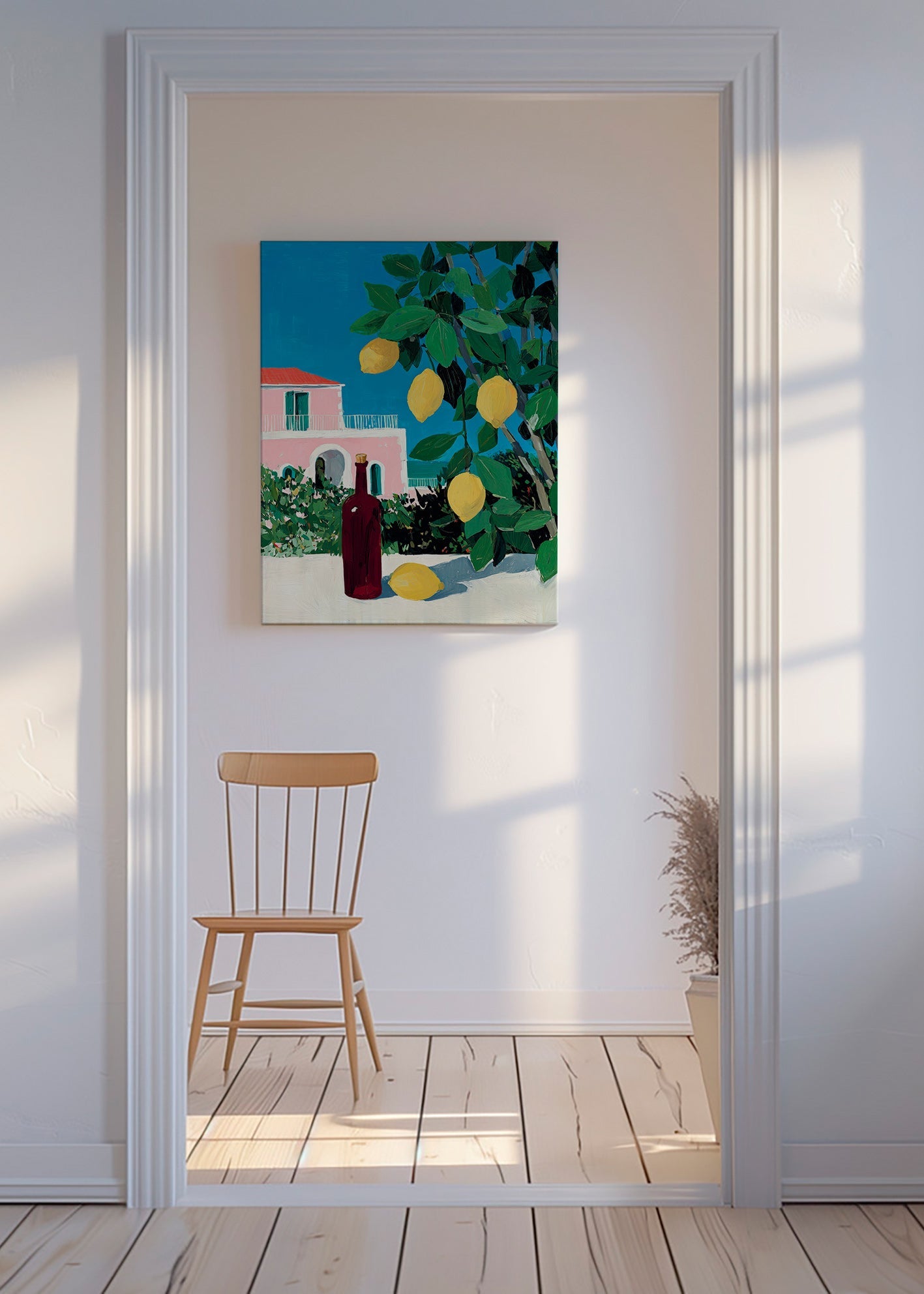 Keuken kunst met citroenen en fles