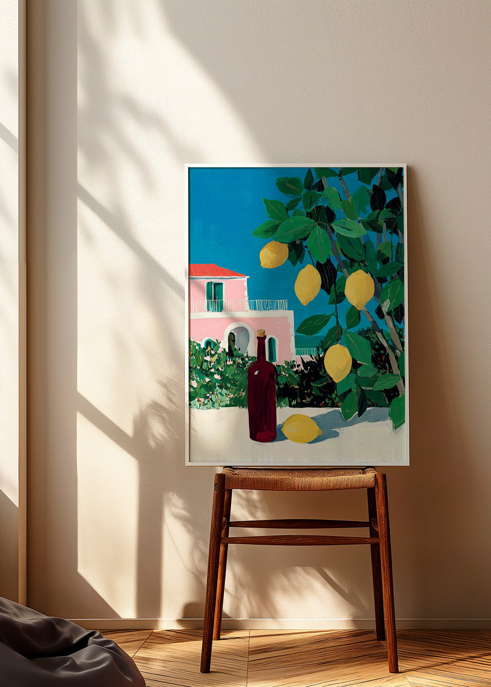 Keuken kunst met citroenen en fles