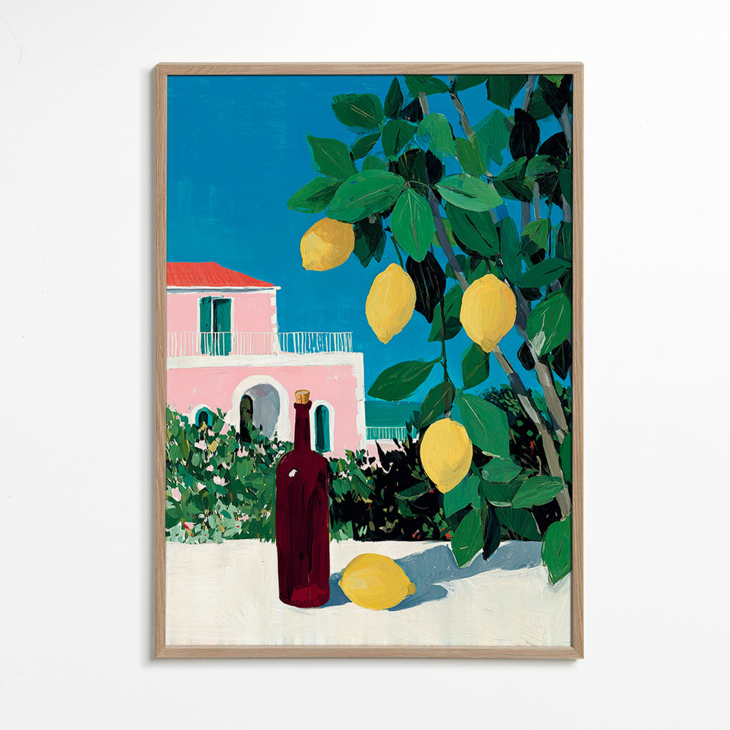 Keuken kunst met citroenen en fles