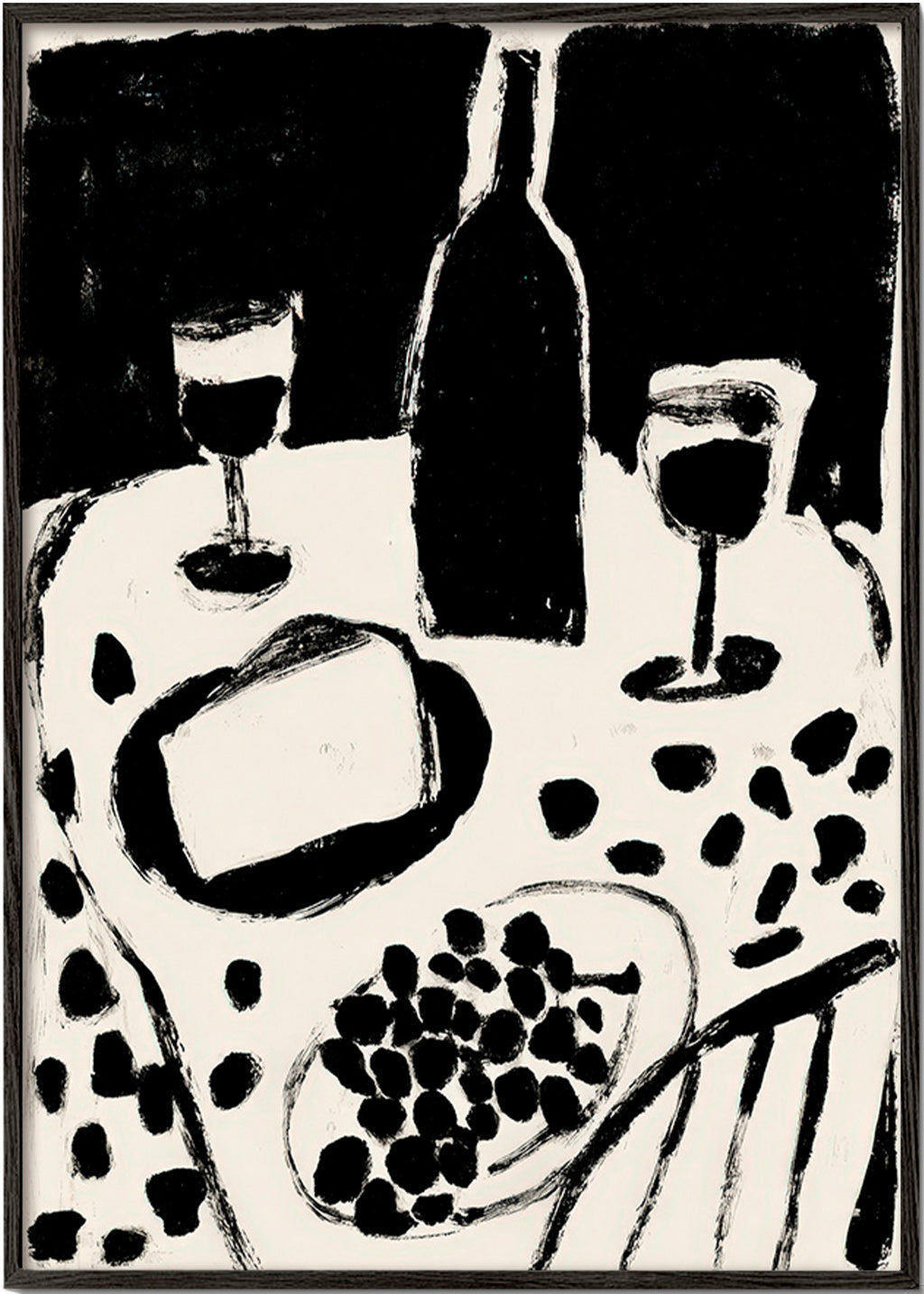 Keuken kunst: fles en druiven in monochroom