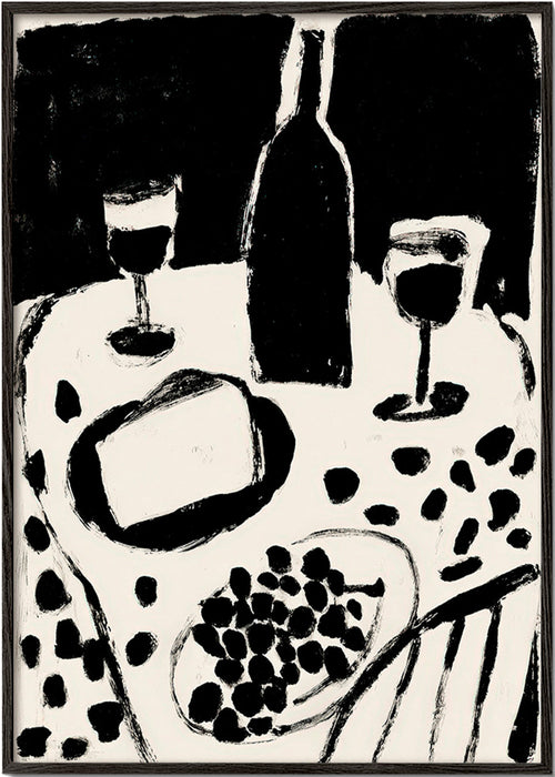 Keuken kunst: fles en druiven in monochroom
