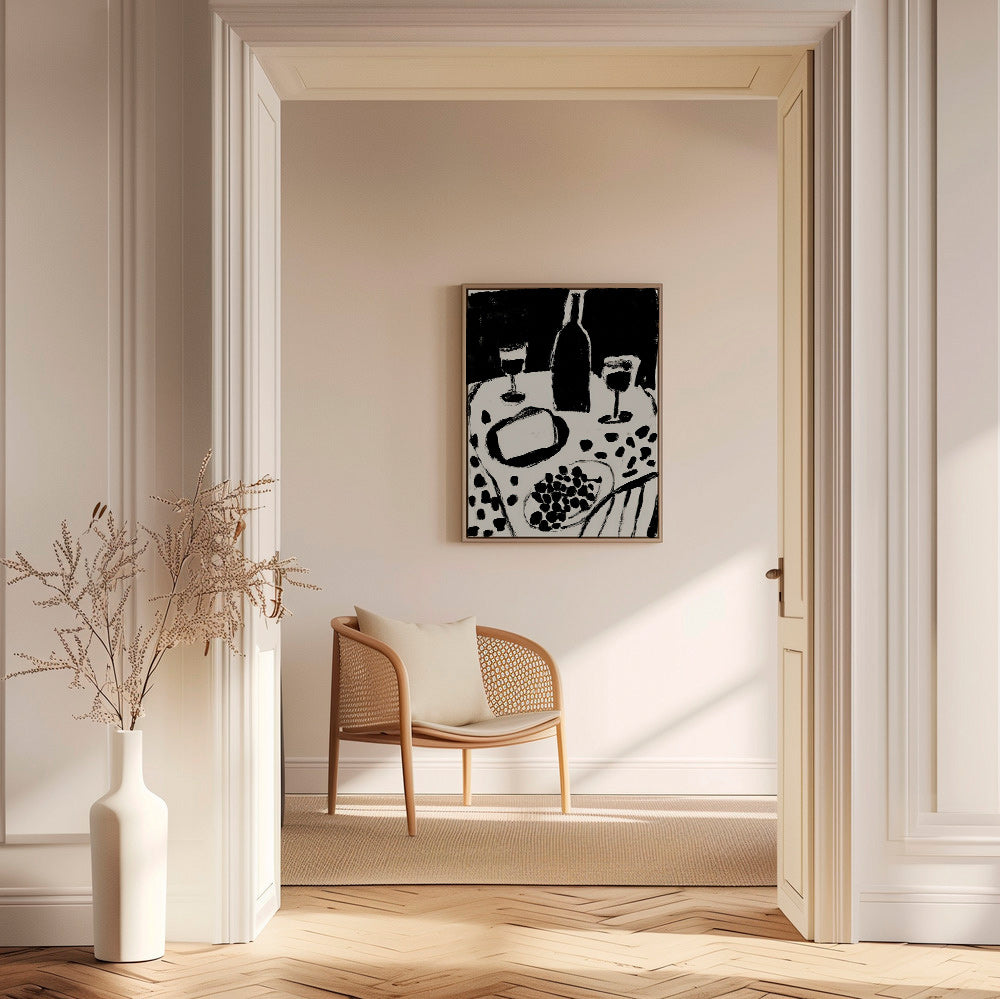 Keuken kunst: fles en druiven in monochroom