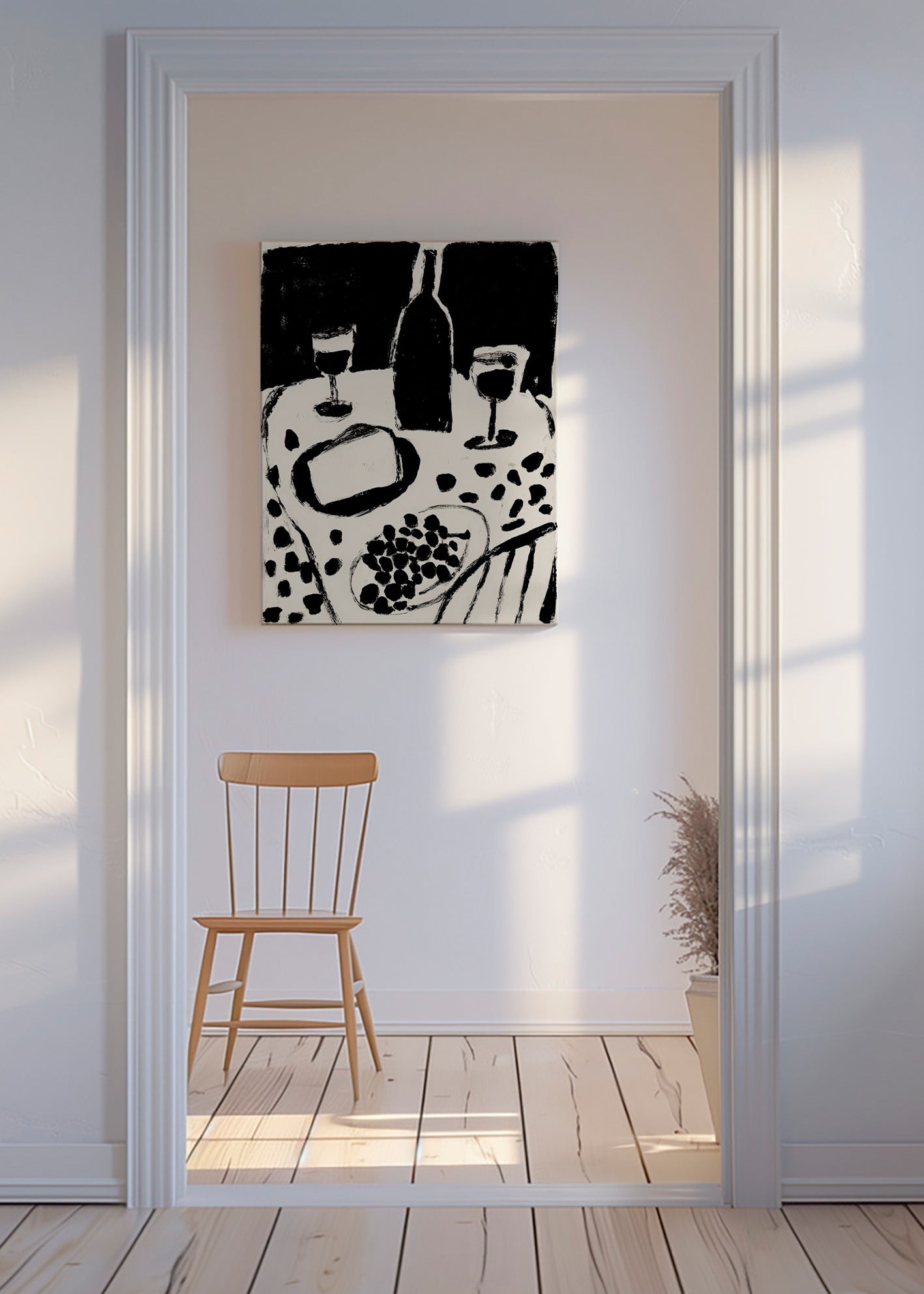 Keuken kunst: fles en druiven in monochroom