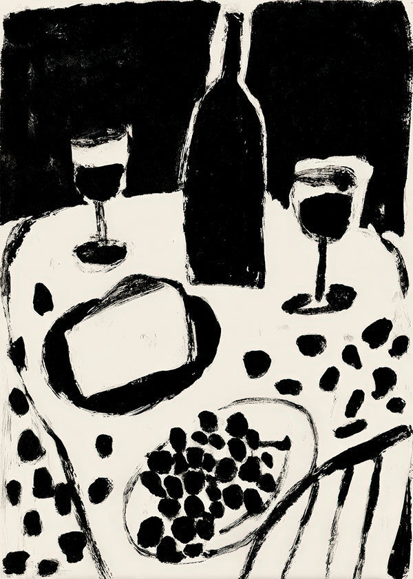 Keuken kunst: fles en druiven in monochroom