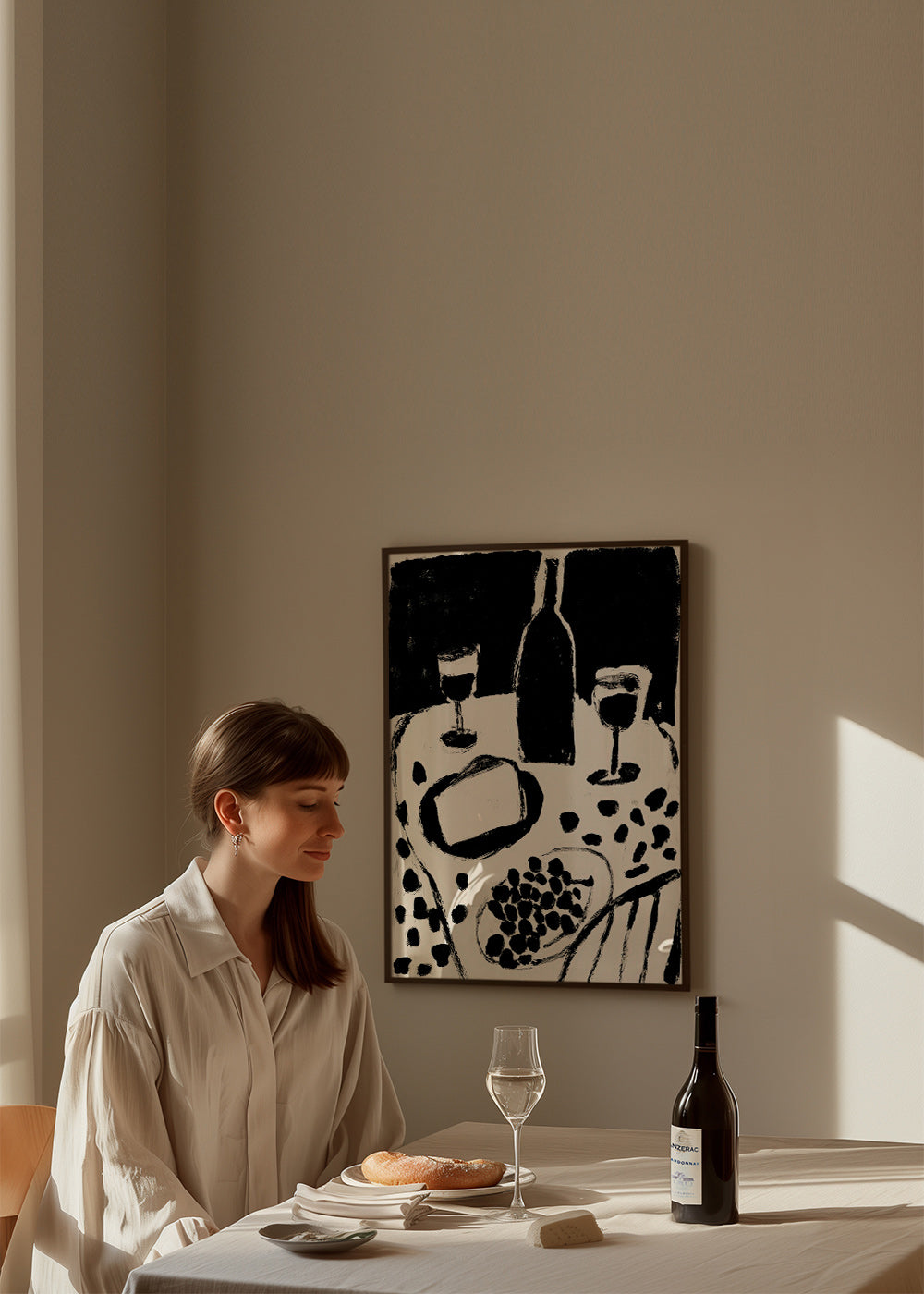 Keuken kunst: fles en druiven in monochroom