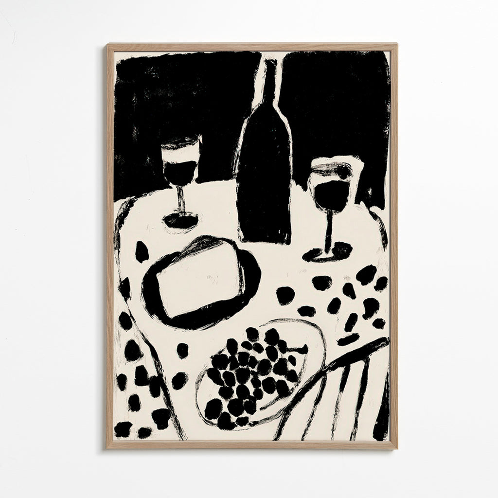 Keuken kunst: fles en druiven in monochroom