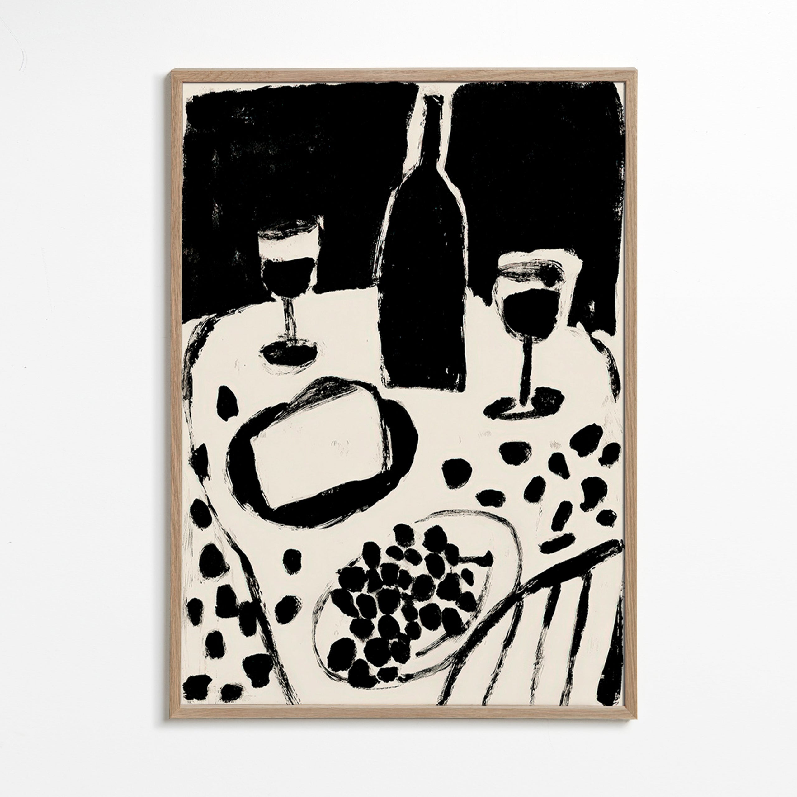 Keuken kunst: fles en druiven in monochroom