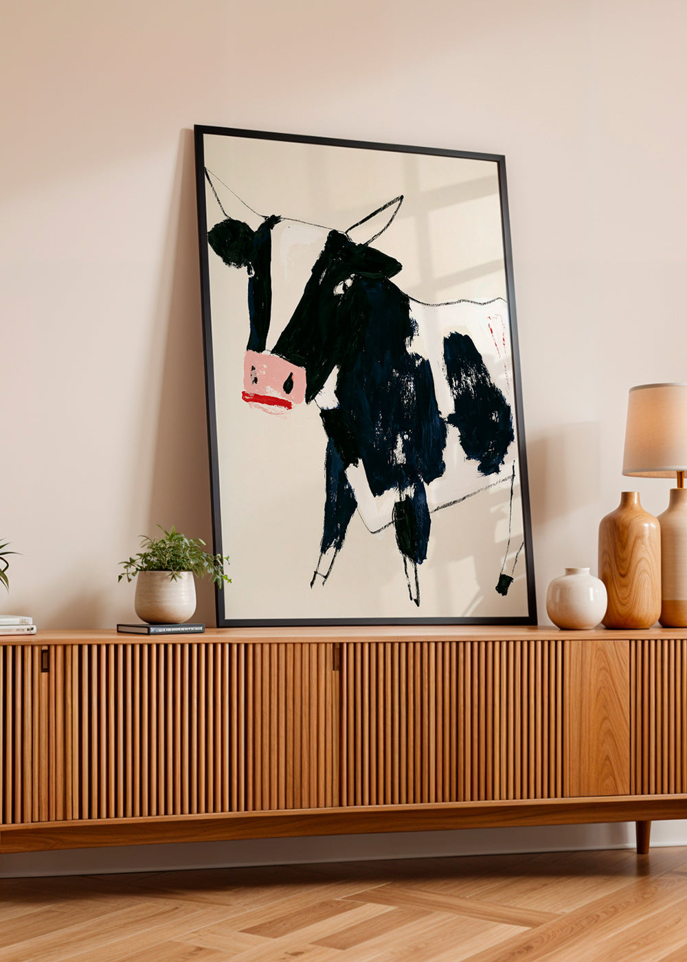 Kunstwerk koe met speelse penseelstreken
