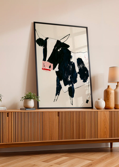Kunstwerk koe met speelse penseelstreken