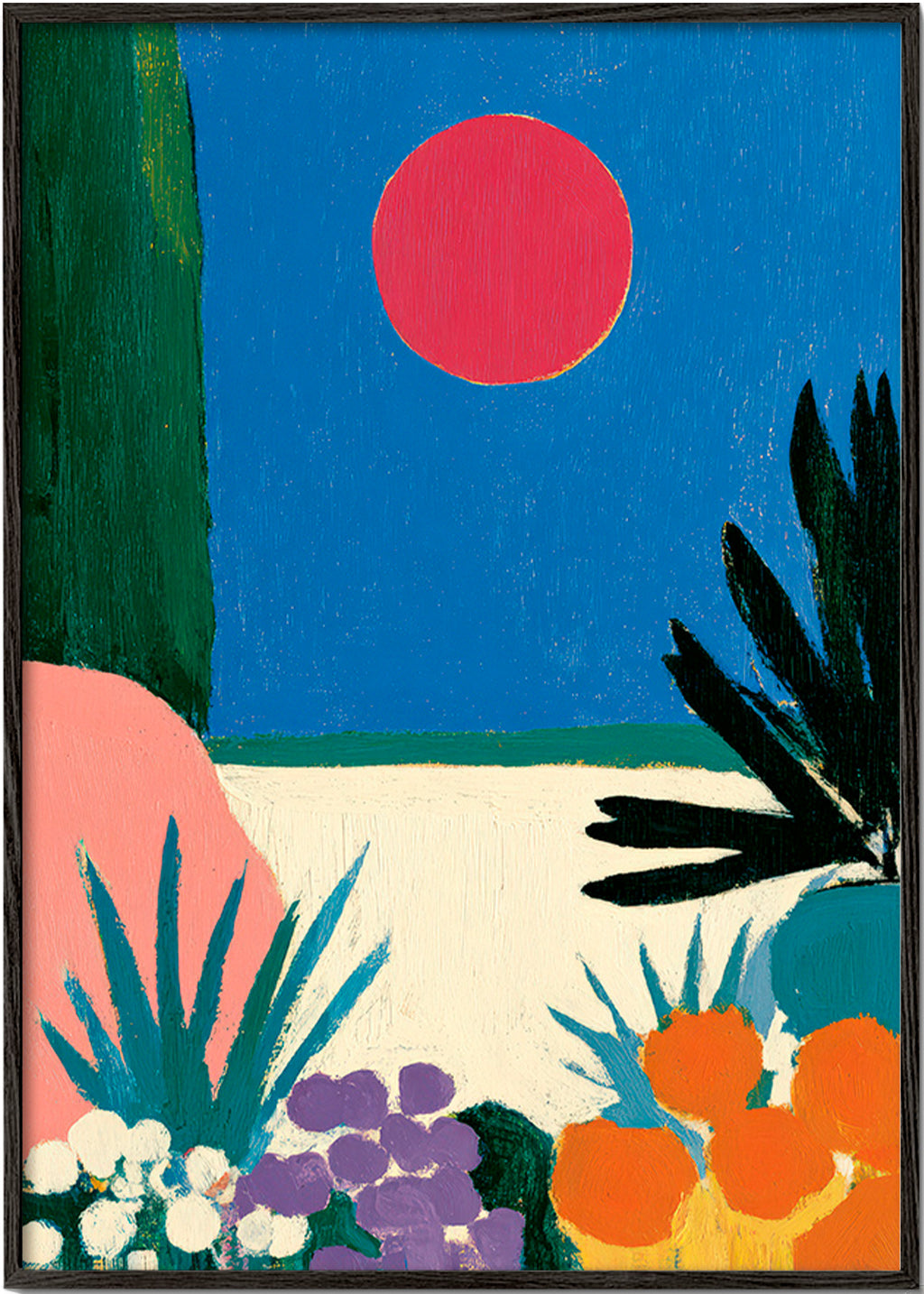 Botanische print met rode maan en gestileerde tuin