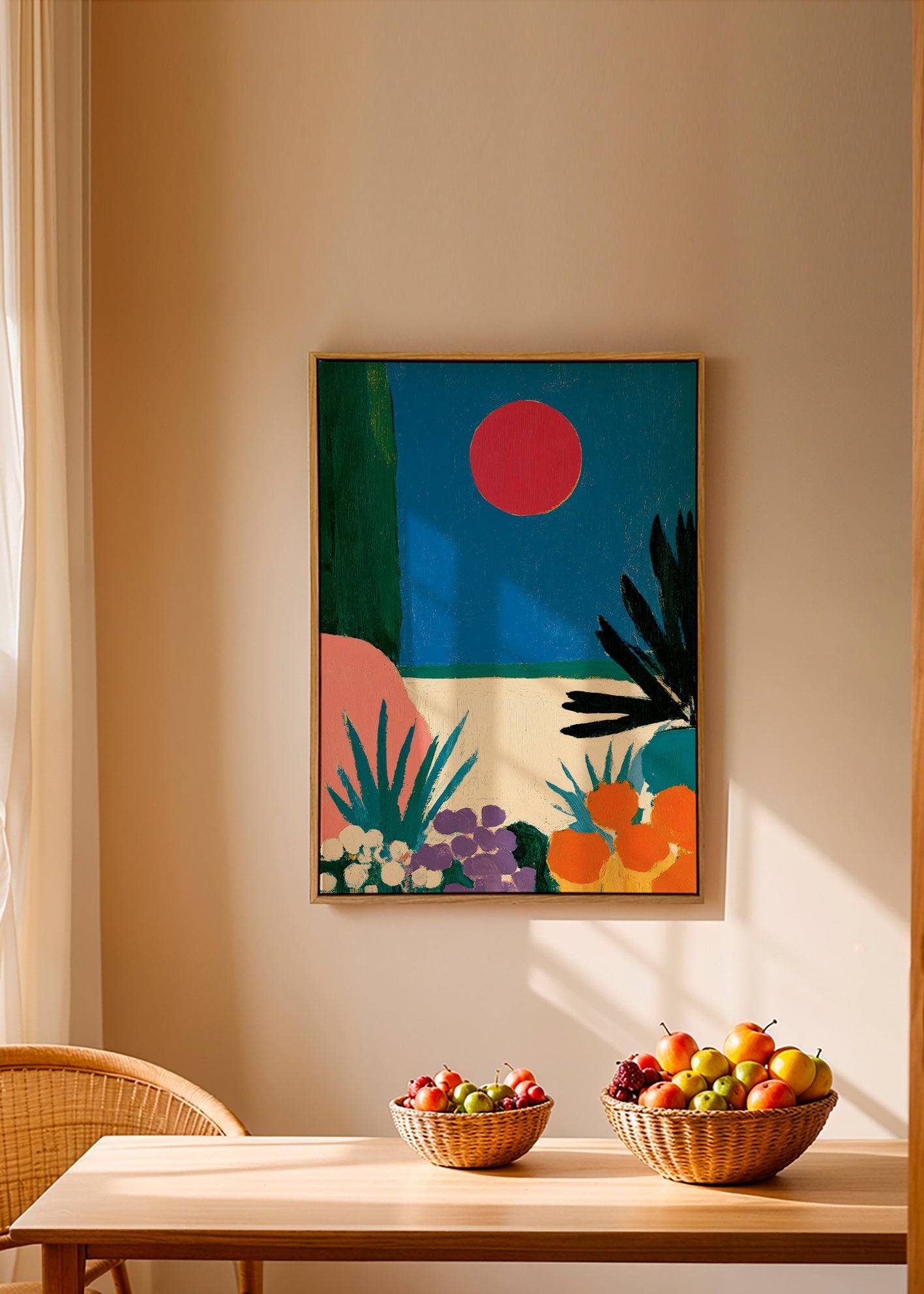 Botanische print met rode maan en gestileerde tuin