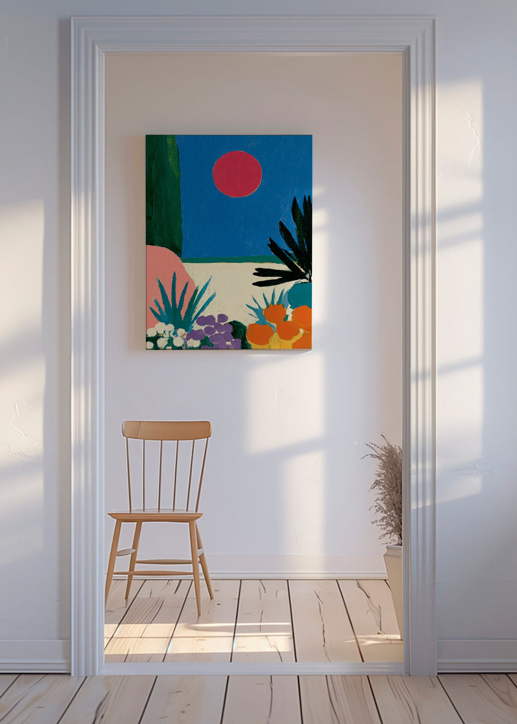 Botanische print met rode maan en gestileerde tuin